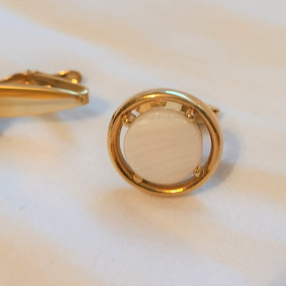 Foster Gold Tone Mother Pearl White Tie Tack Clasp Cufflinks Men Accessories Set - Picture 4 of 9